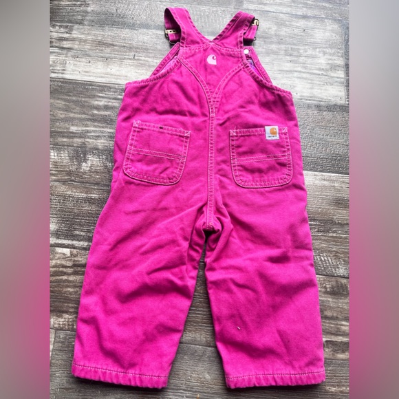 Y2K VTG pink Carhartt Embroidered denim overalls w/ pink plaid flannel lining - Picture 5 of 11